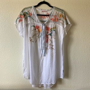 Johnny Was White Floral Embroidered Bohemian Blouse